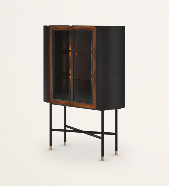Showcase with 2 doors in black lacquer, selected walnut and glass, interior glass shelves, black lacquered feet with gold detail.