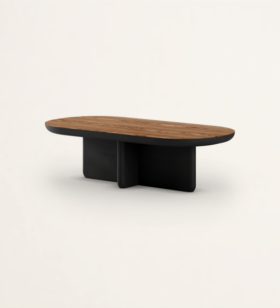 Rectangular center table with black lacquered legs and top in walnut.