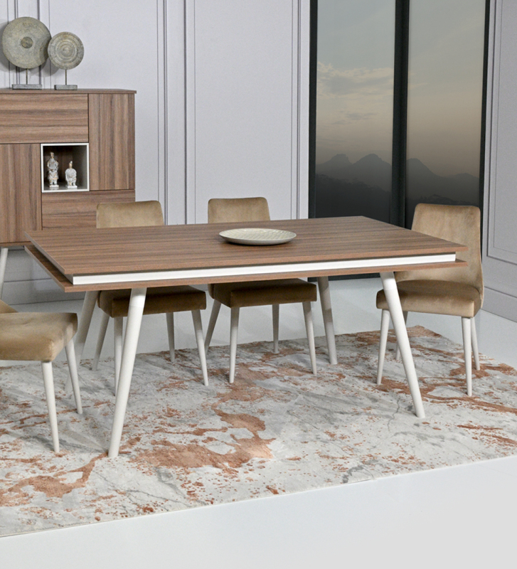 Rectangular extendable dining table with walnut top, pearl lacquered legs.