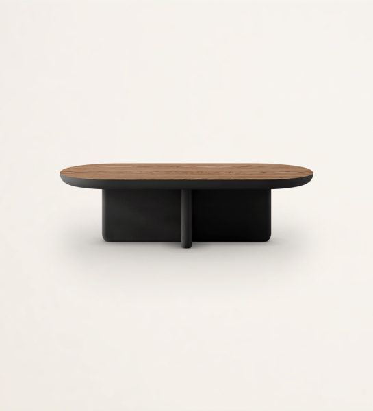 Rectangular center table with black lacquered legs and top in walnut.