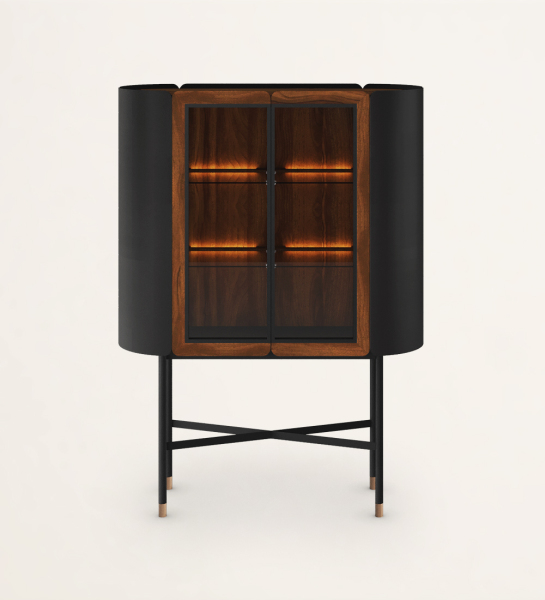Showcase with 2 doors in black lacquer, selected walnut and glass, interior glass shelves, black lacquered feet with gold detail.