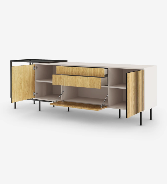 Sideboard with 2 friezes doors, 1 hinged door and 2 drawers in natural oak, pearl structure and black lacquered metal feet with levelers. Side extension with black lacquered metal structure, glass top and shelf.