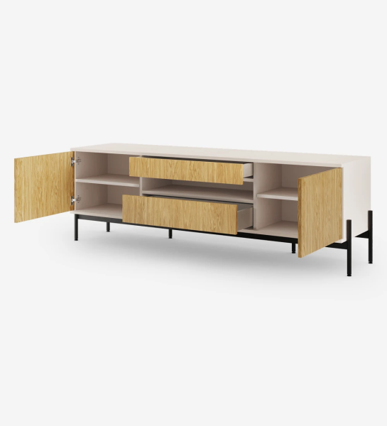 TV stand with two doors and two drawers in natural oak, pearl structure, and black lacquered metal feet with levelers.