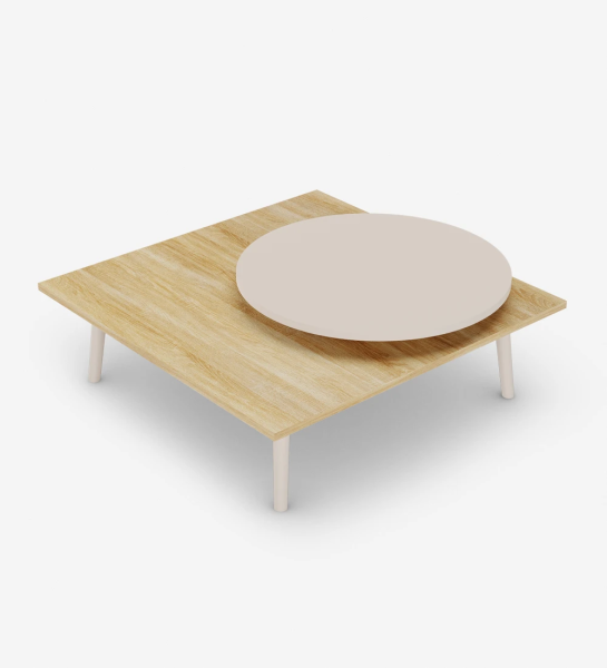 Table basse carré, avec plateau inférieur en chêne naturel, plateau rond et pieds laqués perle.