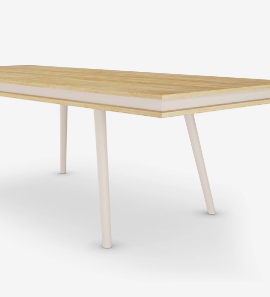 Rectangular dining table with natural color oak top, pearl lacquered legs.