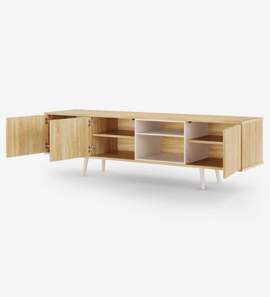 TV stand with 3 doors and structure in natural oak, module and feet lacquered in pearl.