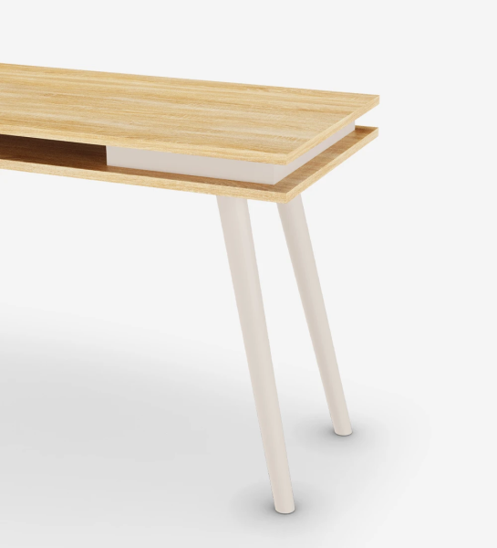 Desk with natural oak table top, pearl lacquered turned legs.