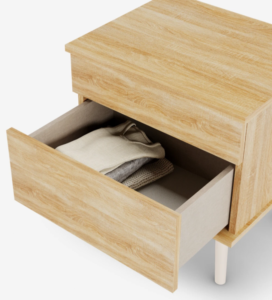 Bedside Table with 2 drawers, turned feet lacquered in pearl and natural oak structure.