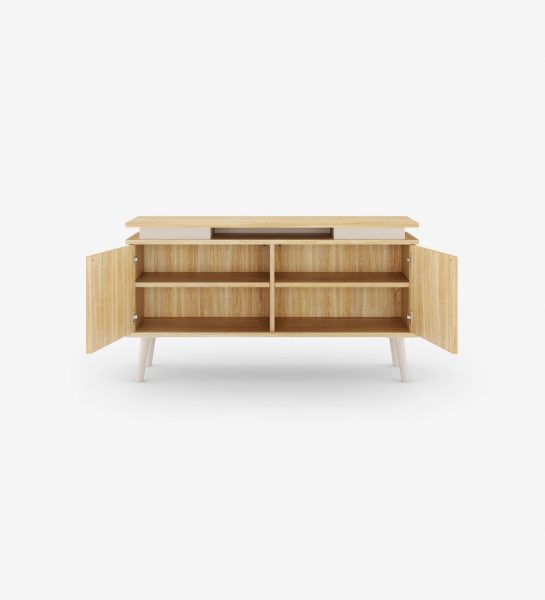 TV stand with 2 doors and structure in natural color oak, pearl lacquered legs.