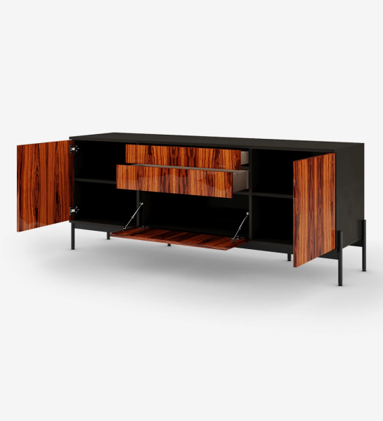 Sideboard with 2 doors, 1 hinged door and two drawers in high gloss palissander, black structure and black lacquered metal feet with levelers.