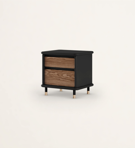 Bedside table with 2 drawers in walnut and black lacquered structure, black lacquered feet with golden detail.