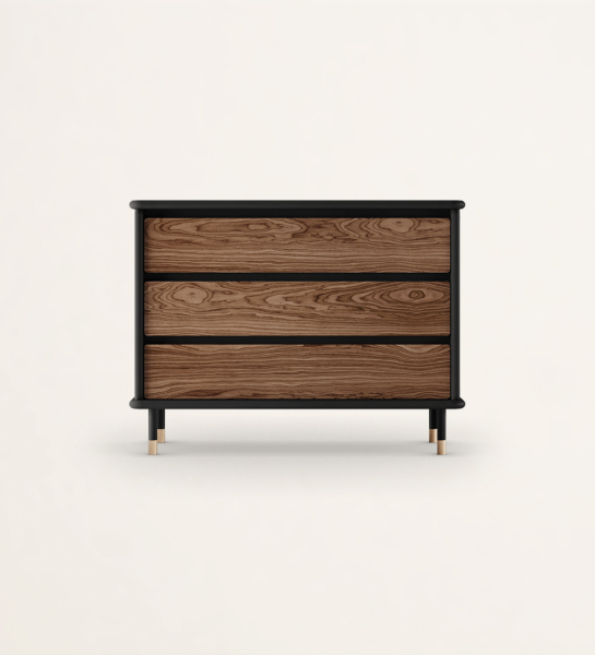Dresser with 3 drawers in walnut and black lacquered structure, black lacquered feet with golden detail.
