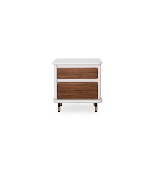Bedside table with 2 drawers in walnut and structure in pearl lacquered, black lacquered feet with golden detail.