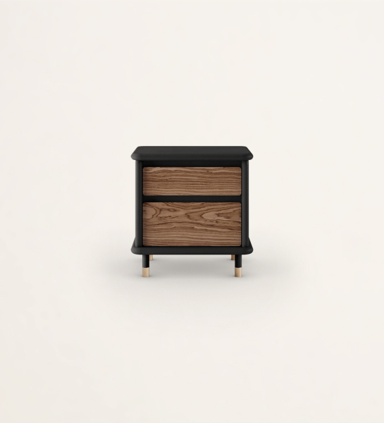 Bedside table with 2 drawers in walnut and black lacquered structure, black lacquered feet with golden detail.