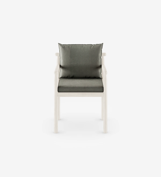 Chair with arms, fabric upholstered cushions, and pearl lacquered structure.