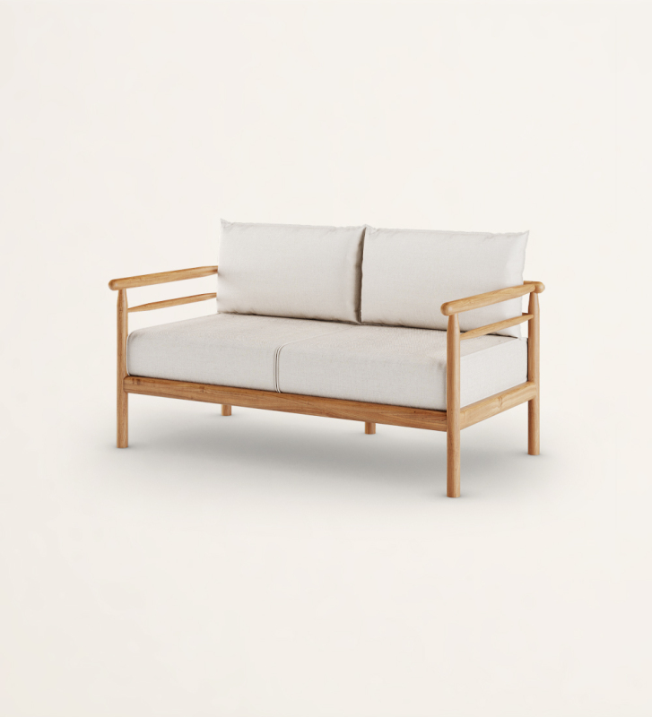 2 seater sofa with fabric upholstered cushions and natural wood frame