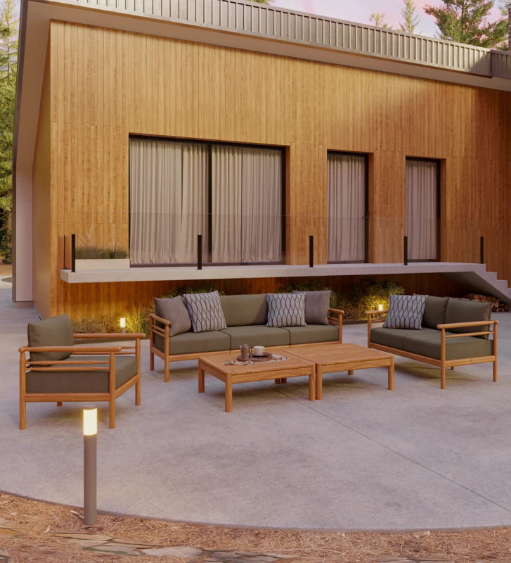 Sofá de 2 plazas con cojines tapizados en tejido y estructura de madera natural