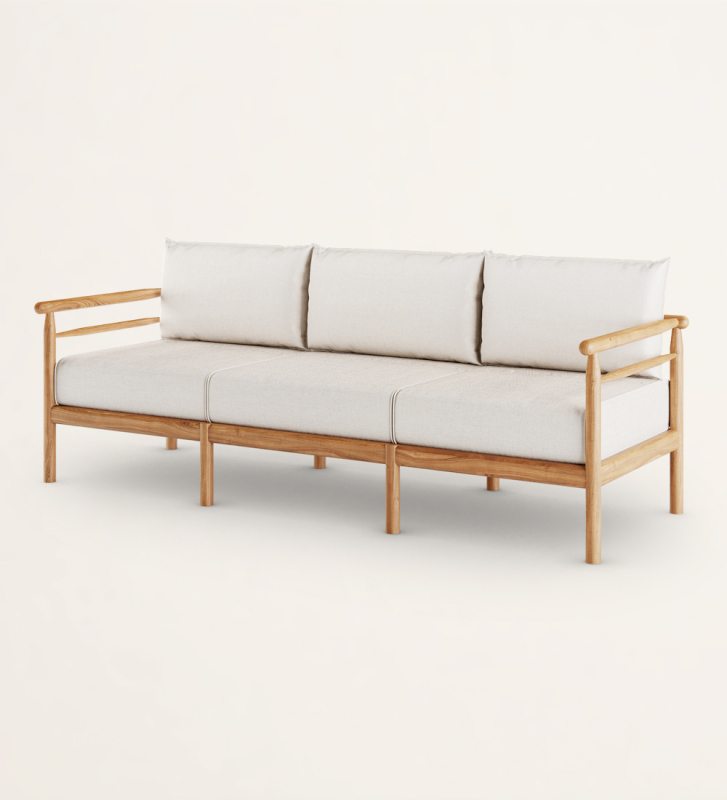 3 seater sofa with fabric upholstered cushions and natural wood frame