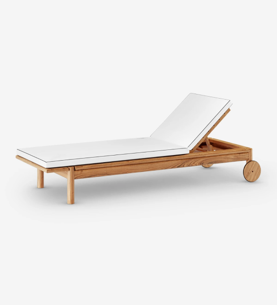 Lounger with fabric upholstered cushion and natural wood frame