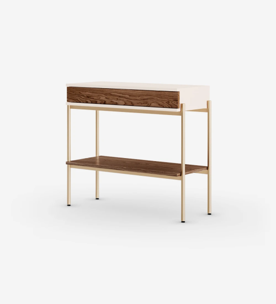 Console with drawer and shelf in walnut, pearl structure and golden lacquered metal feet with levelers.