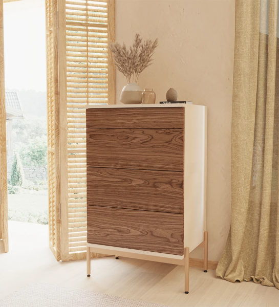 Dresser with 4 walnut drawers, pearl structure and golden lacquered metallic feet with levelers.