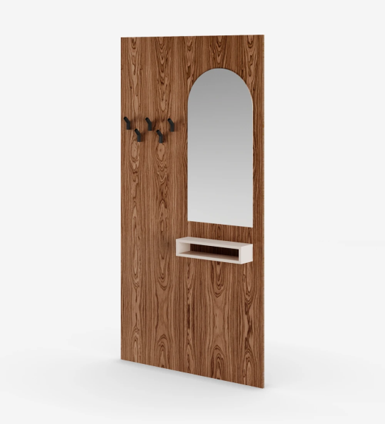 Panel for entrance hall in walnut, with mirror, module in pearl and hooks in black.