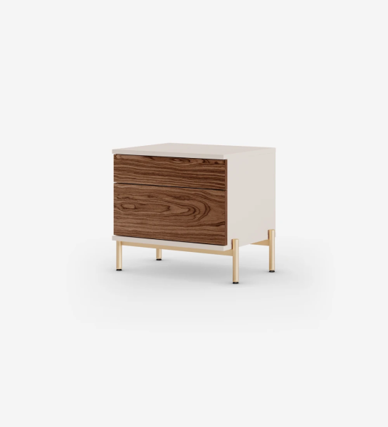 Bedside table with 2 walnut drawers, pearl structure and golden lacquered metal feet with levelers.