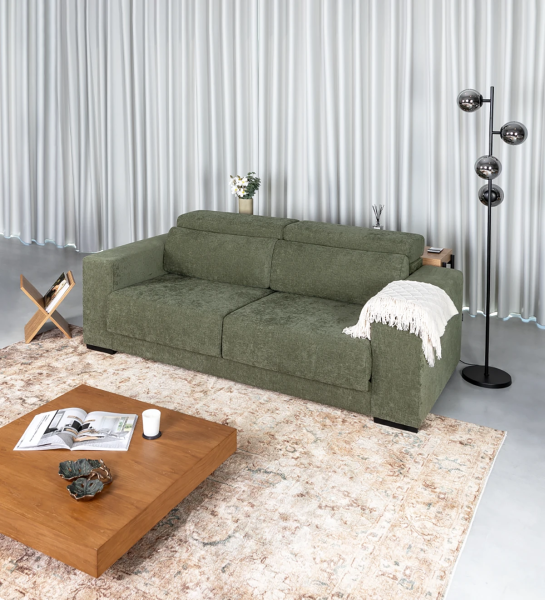 Oporto 2-seater sofa upholstered in green fabric, reclining headrests and sliding seats, 203 cm.