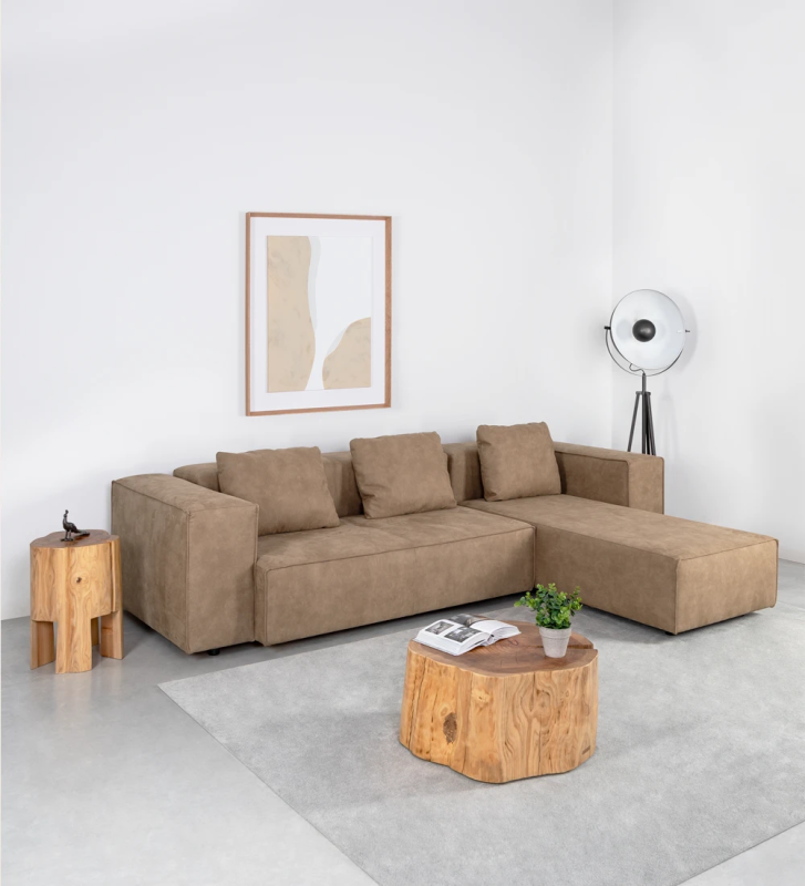 Canapé Rio 2 places et chaise longue droite, recouvert en tissu toffee, 303 cm.