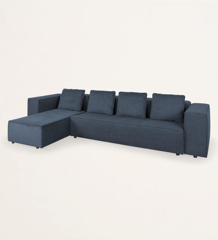 3 seater sofa with chaise longue, upholstered in fabric.