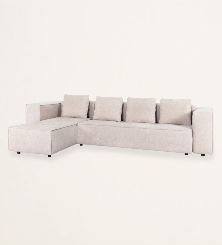 3 seater sofa with chaise longue, upholstered in fabric.
