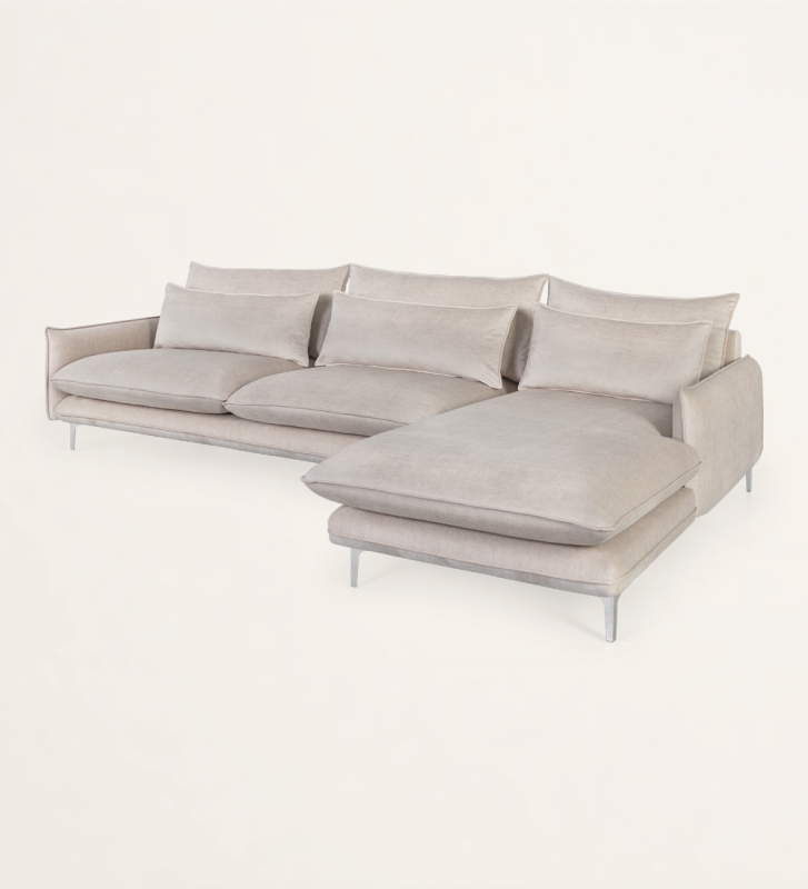 3 seater sofa with chaise longue, upholstered in fabric and metallic feet.