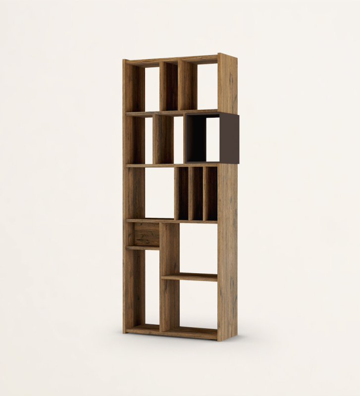 A vertical bookcase in aged oak with a dark brown lacquered module.