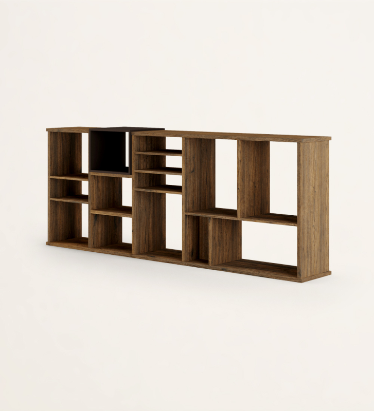Horizontal bookcase in aged oak with a dark brown lacquered module.
