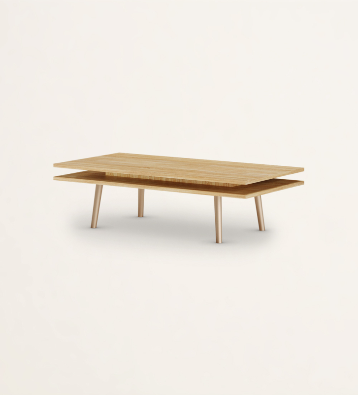 Table basse rectangulaire, avec deux plateaux en chêne naturel et pieds laqués or.