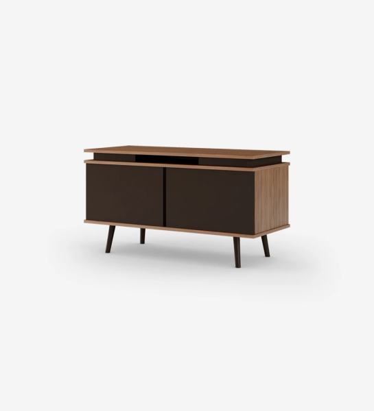 TV stand with 2 doors and dark brown lacquered legs, walnut structure.