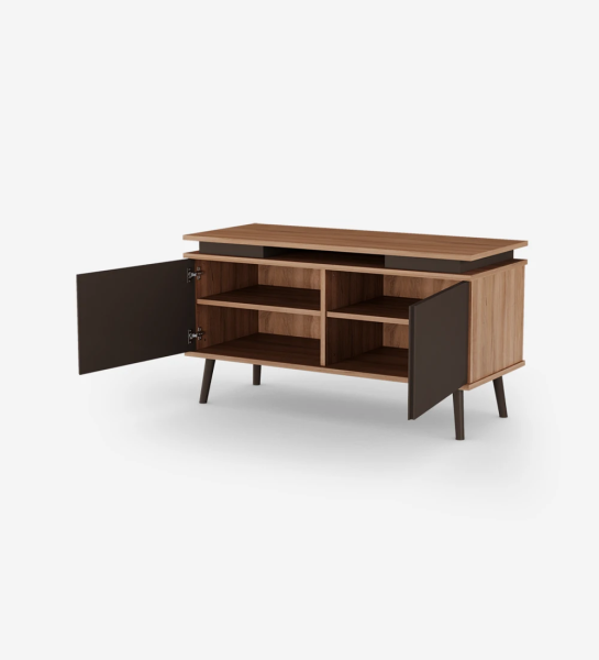 TV stand with 2 doors and dark brown lacquered legs, walnut structure.