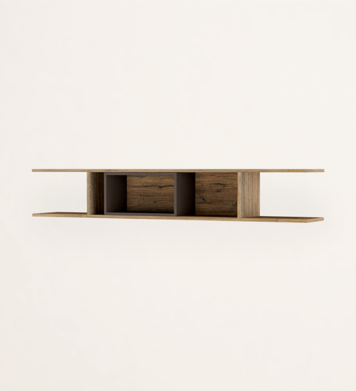 Shelf in aged oak, with module lacquered in dark brown.
