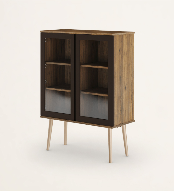 Showcase with 2 dark brown lacquered doors with glass, aged oak frame and shelves, gold lacquered legs.