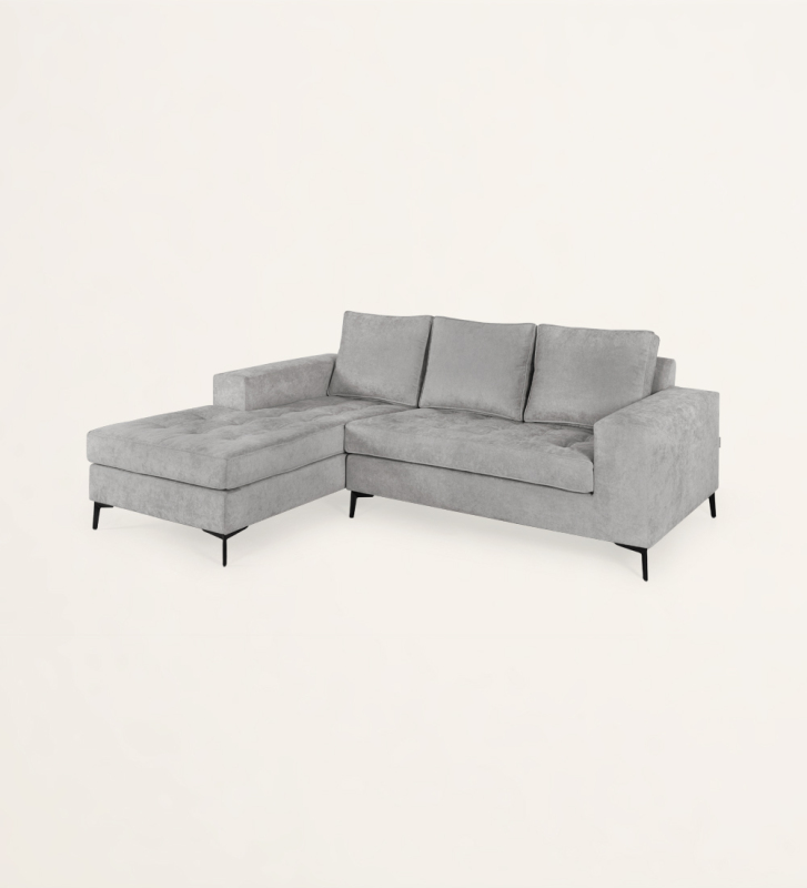 Sofá de 2 lugares com chaise longue, estofado a tecido, com pés metálicos lacados a negro