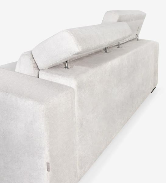 Sofá de 2 lugares estofado a tecido, com apoios de cabeça reclináveis e assentos deslizantes.