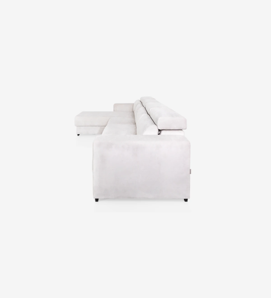Sofá de 3 lugares com chaise longue, estofado a tecido, com apoios de cabeça reclináveis e assentos deslizantes.