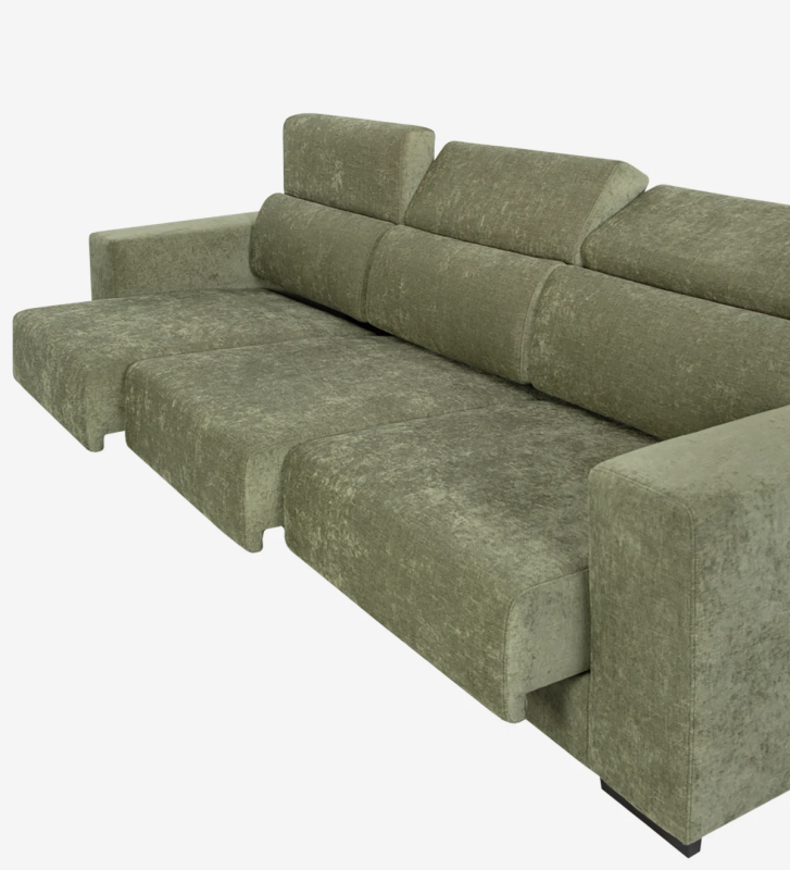 Canapé Oporto 3 places recouvert en tissu vert, appuis-tête inclinables et assises coulissantes, 250 cm.