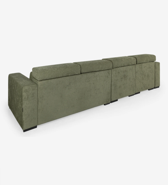 3 seater sofa with reversible chaise longue, upholstered in fabric, with reclining headrests, sliding seats and storage on the chaise longue.