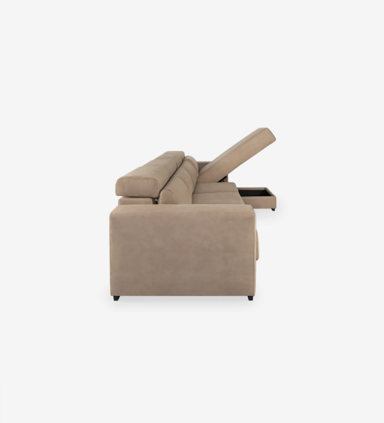 Sofá de 3 lugares com chaise longue reversível, estofado a tecido, com apoios de cabeça reclináveis, assentos deslizantes e arrumação na chaise longue