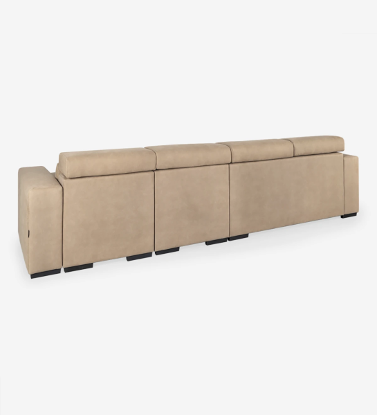 3 seater sofa with reversible chaise longue, upholstered in fabric, with reclining headrests, sliding seats and storage on the chaise longue.