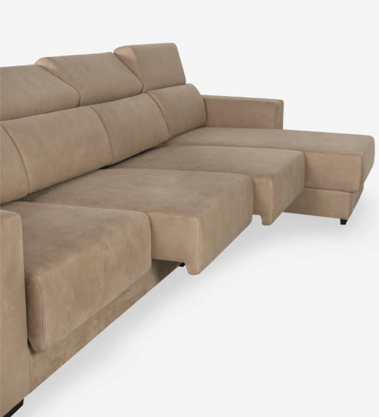 Sofá de 3 plazas con chaise longue reversible, tapizado en tejido, con reposacabezas reclinables, asientos deslizantes y almacenamiento en la chaise longue.