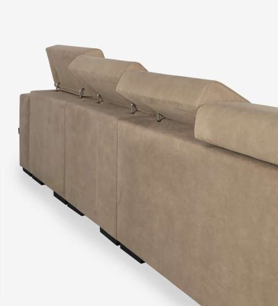 Sofá de 3 plazas con chaise longue reversible, tapizado en tejido, con reposacabezas reclinables, asientos deslizantes y almacenamiento en la chaise longue.