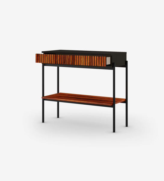 Console with drawer with friezes and shelf in high gloss palisander, black structure and black lacquered metal feet with levelers.