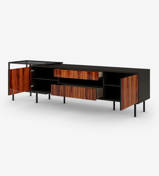 TV stand with two doors and two drawers with friezes in high gloss palissander, structure in black and black lacquered metal feet with levelers. Side extension with black lacquered metal structure, top and glass shelf.